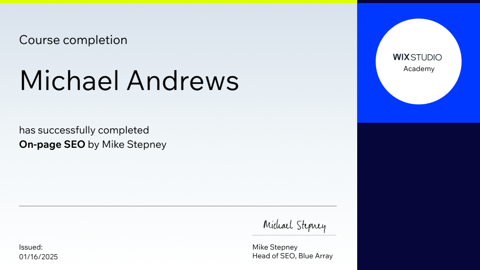 Certified in On-page SEO by Mike Stepney